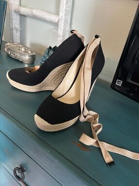Jessica Simpson Black Wedge Espadrilles with Tan Ties